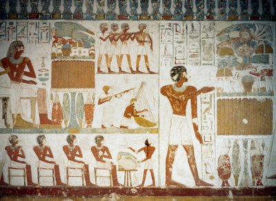 Muzycy, fragment fresków w grobowcu Userhata, Nekropolia Szejka Abd el Qurnah, Luksor, Teby (lista światowego dziedzictwa UNESCO autorstwa Egyptian 18th Dynasty