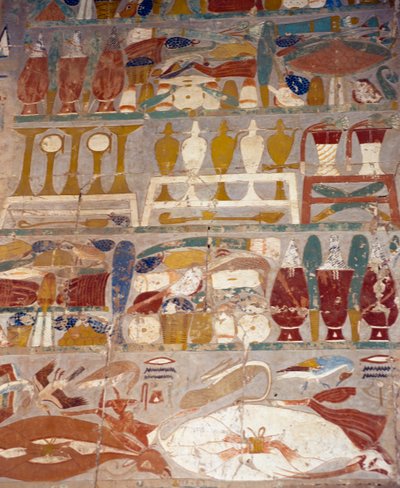Dzbany na ofiary i perfumy między Anubisem i Hatszepsut, mural, kaplica Anubisa, świątynia grobowa Hatszepsut, Deir el-Bahari, nekropolia tebańska (lista światowego dziedzictwa UNESCO) autorstwa Egyptian 18th Dynasty