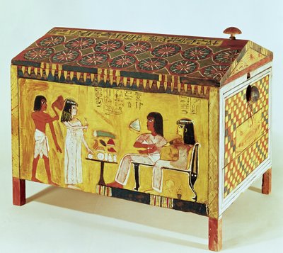 Malowana skrzynia ze sceną bankietu z grobowca Kha (zm. 1390-52 pne) znaleziona w Deir el-Medina, Nowe Królestwo (drewno) autorstwa Egyptian 18th Dynasty