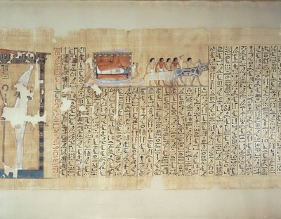 Papirus przedstawiający transport sarkofagu na wozie ciągniętym przez wołu, z Księgi Umarłych z Maiherperi autorstwa Egyptian 18th Dynasty