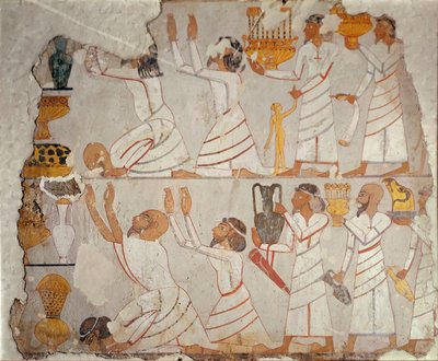 Część malowanej ściany grobowca przedstawiająca azjatyckich nosicieli daniny, ok. 1400 pne (malowany tynk na kamieniu) autorstwa Egyptian 18th Dynasty