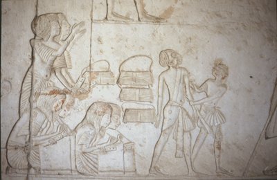 Relief przedstawiający skrybów przy pracy, z grobowca Horemheba (ok. 1323-1295 pne) Nowe Królestwo (malarstwo ścienne) (szczegóły patrz 218337) autorstwa Egyptian 18th Dynasty