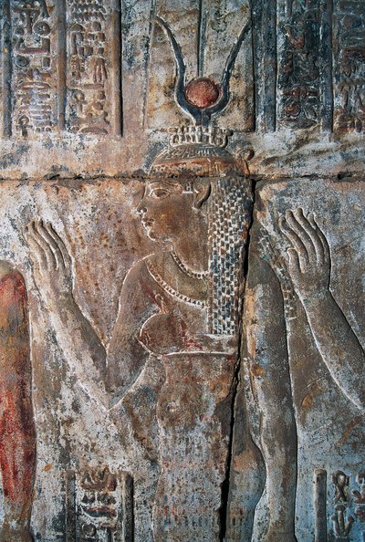 Relief Hatszepsut przedstawionej jako Hathor, świątynia grobowa Hatszepsut, Deir el-Bahri, Luksor, Teby (lista światowego dziedzictwa UNESCO) autorstwa Egyptian 18th Dynasty