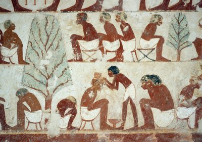 Żołnierze obcinający włosy, detal z fresków w Grobowcu Userhata, Nekropolia Szejka Abd el Qurnah, Luksor, Teby (Lista Światowego Dziedzictwa UNESCO autorstwa Egyptian 18th Dynasty