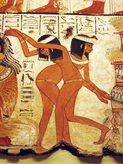 Mural świątynny przedstawiający dwie tańczące dziewczyny, Egipt (mural) autorstwa Egyptian 18th Dynasty