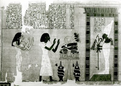 Zmarły wraz z siostrą udają się złożyć hołd Ozyrysowi, fragment z Księgi Umarłych, Nowe Królestwo (papirus) autorstwa Egyptian 18th Dynasty