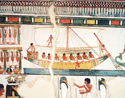 Statek solarny, fragment pielgrzymki do Abydos, fresk, ściana północna, długa jadalnia, grób tebański TT69, szejk Abd el-Gurna, Teby (lista światowego dziedzictwa UNESCO autorstwa Egyptian 18th Dynasty