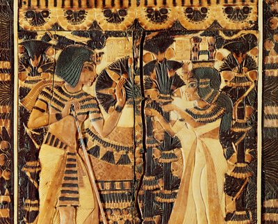 Górny panel ze skrzyni, z Grobowca Tutanchamona, Nowe Królestwo (drewno, brąz, kość słoniowa i kolorowa glazura) autorstwa Egyptian 18th Dynasty