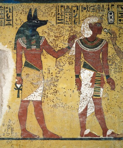 Tutanchamon witany przez Anubisa i Hathor i ofiarowujący im ankh, fresk, południowa ściana komory grobowej, Grobowiec Tutanchamona (KV62), Dolina Królów, Teby, Egipt. Cywilizacja egipska, Nowe Królestwo, dynastia XVIII. autorstwa Egyptian 18th Dynasty