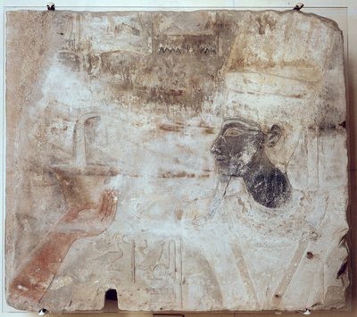 Totmes III (ok. 1479-1425 pne) ofiarowujący kadzidło bogu Amonowi ze świątyni Satet w Elefantynie, Nowe Państwo (malowany piaskowiec) autorstwa Egyptian 18th Dynasty