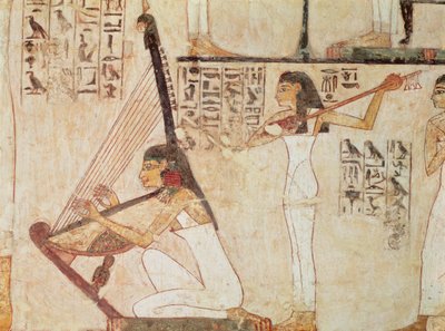 Dwóch muzyków, z grobowca Rekhmire, Nowe Królestwo (malarstwo ścienne) autorstwa Egyptian 18th Dynasty