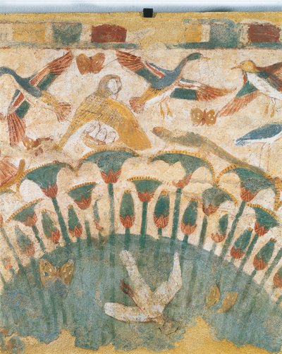 Malowidło ścienne przedstawiające florę i faunę bagien wzdłuż Nilu, z grobowca Neferhetepa, detal autorstwa Egyptian 18th Dynasty