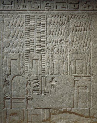 Płaskorzeźba ścienna przedstawiająca detal magazynowy wagi do ważenia towarów autorstwa Egyptian 18th Dynasty