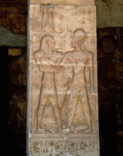 Sztuka starożytnego Egiptu: Płaskorzeźba na kolumnie świątyni Seti I (Sety lub Seti I autorstwa Egyptian 19th Dynasty