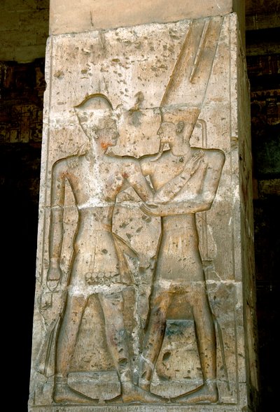 Starożytna sztuka egipska: płaskorzeźba na kolumnie świątyni Sethi I (Sety lub Seti I autorstwa Egyptian 19th Dynasty