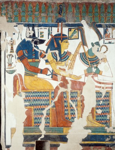 Anubis, Ozyrys i Nefertari, z drugiej komnaty Grobowca Nefertari, detal (fresk) autorstwa Egyptian 19th Dynasty