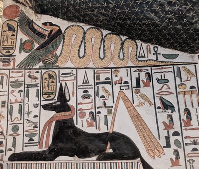 Anubis i kobra (malarstwo ścienne) autorstwa Egyptian 19th Dynasty