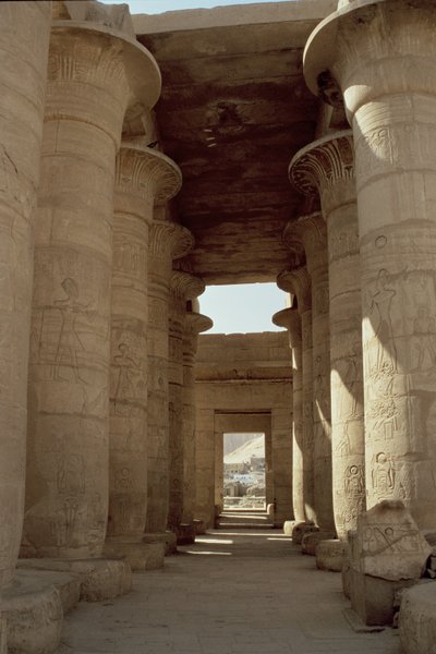 Kolumny z szybami z papirusu i kapitelami z lotosu w Wielkiej Sali Hypostyle, New Kingdom autorstwa Egyptian 19th Dynasty