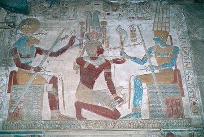Egipt, Abydos, świątynia faraona Seti I, kaplica Ozyrysa, malowany relief autorstwa Egyptian 19th Dynasty