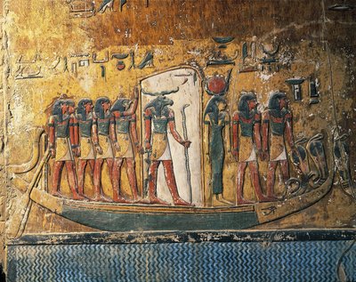 Egipt, Luksor, Starożytne Teby, Dolina Królów, Grób Setiego I, freski przedstawiające łódź słoneczną z bogiem z głową barana autorstwa Egyptian 19th Dynasty