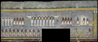 Egipt, Teby, Luksor, Dolina Królów, Grób Ramzesa I, malowidło ścienne Ra w korze słonecznej w komorze grobowej z XIX dynastii autorstwa Egyptian 19th Dynasty