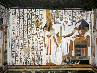 Egipt, Teby, Luksor, Dolina Królowych, Grobowiec Nefertari, Aneks do przedpokoju, Malowidła ścienne, Królowa przed boskim pisarzem Thotem autorstwa Egyptian 19th Dynasty
