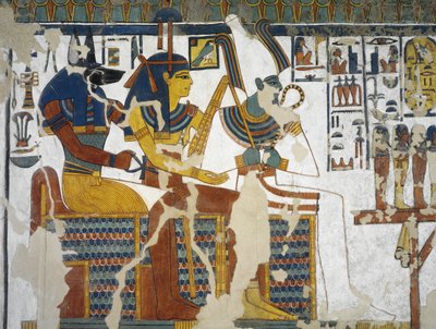 Egipt, Teby, Luksor, Dolina Królowych, Grób Nefertari, malowidło ścienne Anubisa, Izydy i Ozyrysa w komorze grobowej z XIX dynastii autorstwa Egyptian 19th Dynasty