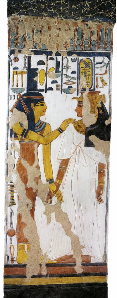 Egipt, Teby, Luksor, Dolina Królowych, Grób Nefertari, malowidło ścienne Izydy i królowej na filarze w komorze grobowej z XIX dynastii autorstwa Egyptian 19th Dynasty