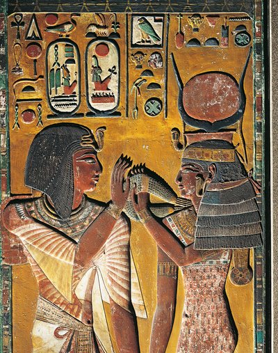 Bogini Hathor ofiarowuje swój naszyjnik faraonowi (niska ulga) autorstwa Egyptian 19th Dynasty