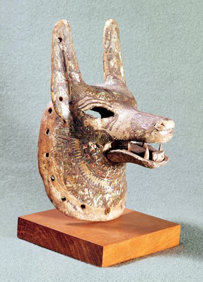 Głowa Anubisa, ze szczęką na zawiasach, używana jako maska wyroczni, Nowe Królestwo (malowane drewno) (patrz także 55441) autorstwa Egyptian 19th Dynasty