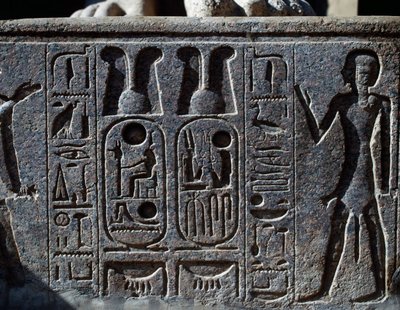 Hieroglify, detal kopyta kolosalnego posągu króla, Dziedziniec Ramzesa II, Świątynia Amona (Lista światowego dziedzictwa Unesco) autorstwa Egyptian 19th Dynasty