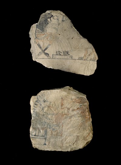 Ostraka wapienna z humorystycznymi szkicami w czerwonym i czarnym tuszem (wapień pomalowany czarnym i czerwonym tuszem) autorstwa Egyptian 19th Dynasty