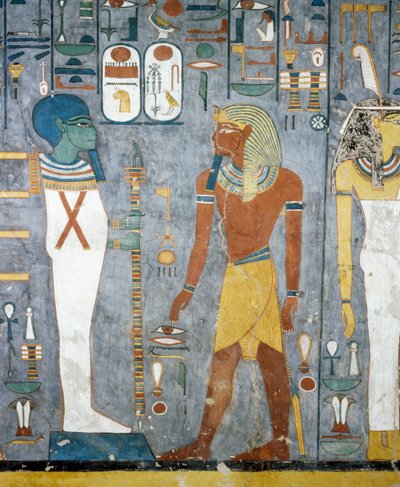 Maat, Ramzes I, Ptah i Filar Ozyrysa, freski z komory grobowej Grobowca Ramzesa I, Dolina Królów, Luksor, Teby (lista światowego dziedzictwa UNESCO autorstwa Egyptian 19th Dynasty
