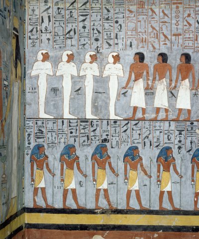 Mumie i postacie męskie, fragment fresków w komorze grobowej Grobowca Ramzesa I, Dolina Królów, Luksor, Teby (lista światowego dziedzictwa UNESCO autorstwa Egyptian 19th Dynasty
