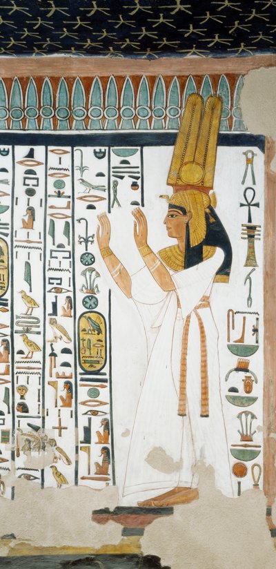 Nefertari przed pierwszymi drzwiami Królestwa Ozyrysa, wznosząca ręce na znak uwielbienia, fresk, komnata grobowa, Grobowiec Nefertari (QV66), Dolina Królowych, Teby. Cywilizacja egipska, Nowe Państwo, XIX dynastia. autorstwa Egyptian 19th Dynasty