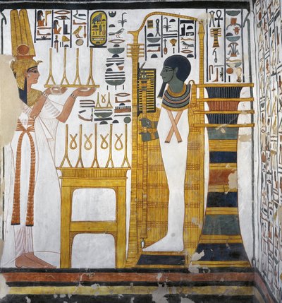 Nefertari składa Ptahowi ofiarę z lnu, fragment zachodniej ściany wschodniego aneksu grobowca Nefertari (malowidło ścienne) autorstwa Egyptian 19th Dynasty
