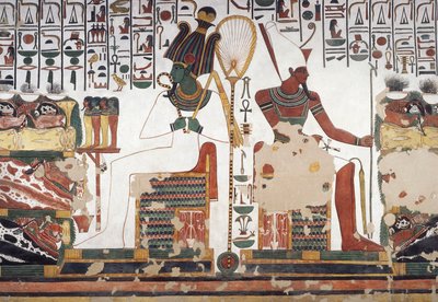 Ozyrys i Atum, fresk, wschodnia ściana, wschodnia komnata boczna, Grobowiec Nefertari (QV66), Dolina Królowych, Teby (Lista Światowego Dziedzictwa UNESCO autorstwa Egyptian 19th Dynasty