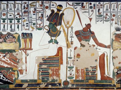 Ozyrys i Atun, fragment fresków w drugiej komnacie Grobowca Nefertari, Dolina Królowych, Luksor, Teby (Lista Światowego Dziedzictwa UNESCO autorstwa Egyptian 19th Dynasty