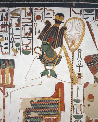 Ozyrys, fresk, wschodnia ściana, wschodnia komora boczna, grobowiec Nefertari (QV66), Dolina Królowych, Teby (lista światowego dziedzictwa UNESCO) autorstwa Egyptian 19th Dynasty