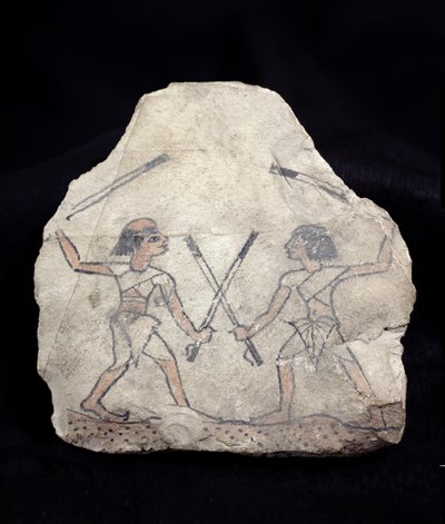 Ostrakon przedstawiający dwóch mężczyzn walczących na kije, z Deir El-Medina, Nowe Królestwo (malowany kamień) autorstwa Egyptian 19th Dynasty