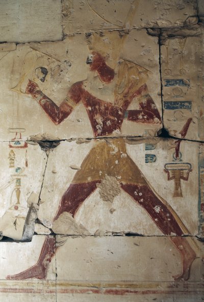 Malowany relief przedstawiający faraona, świątynia Ramzesa II, Abydos, Egipt, cywilizacja egipska, Nowe Państwo, dynastia XIX (zdjęcie ilustracyjne) autorstwa Egyptian 19th Dynasty