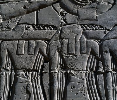Kapłan w masce jastrzębia, detal ze sceny przedstawiającej Ramzesa II przed świętą łodzią, relief, wewnętrzne ściany Wielkiej Sali Hypostylowej, kompleks świątynny w Karnaku (Lista światowego dziedzictwa UNESCO) autorstwa Egyptian 19th Dynasty
