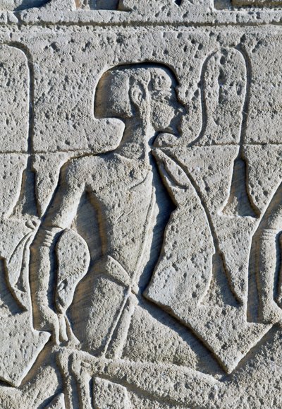 Relief przedstawiający więźnia z bitwy pod Kadesz, detal z podstawy tronów na fasadzie Wielkiej Świątyni Ramzesa II, Abu Simbel (Lista światowego dziedzictwa UNESCO) autorstwa Egyptian 19th Dynasty