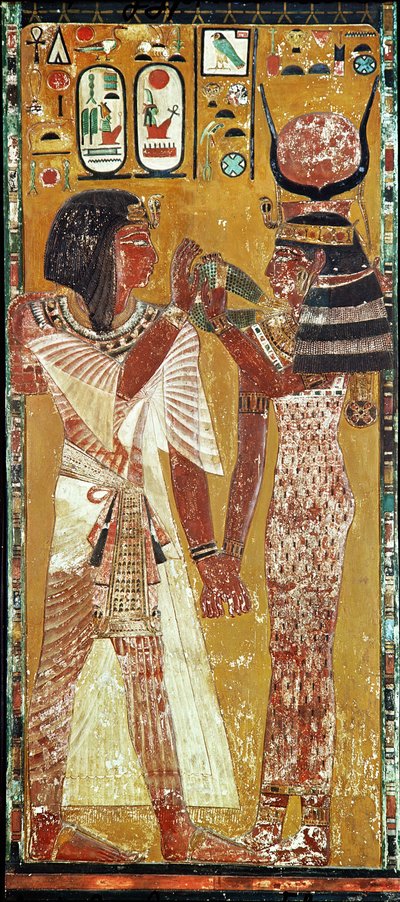 Relief przedstawiający Boginię Hathor umieszczającą magiczny kołnierz na Seti I (ok. 1394-1279 pne) Nowe Królestwo (malowany wapień) autorstwa Egyptian 19th Dynasty
