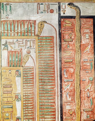 Relief przedstawiający ścieżkę, którą zmarli muszą przejść do życia pozagrobowego, z Grobowca Seti I (ok. 1294-1279 pne) Nowe Królestwo (malowany wapień) autorstwa Egyptian 19th Dynasty