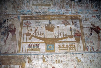 Święta łódź, płaskorzeźba, kaplica Ozyrysa, świątynia Setiego I autorstwa Egyptian 19th Dynasty