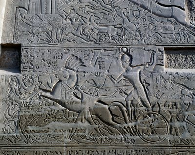 Kampanie Setiego I w Syrii i Palestynie, relief, północna zewnętrzna ściana Wielkiej Sali Hypostylowej, kompleks świątynny w Karnaku (Lista światowego dziedzictwa UNESCO) autorstwa Egyptian 19th Dynasty