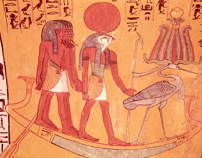 Solarny bark z Re-Horakhty, ptakiem benu i czterema innymi bóstwami, z Grobowca Sennedżema, Wioska Robotnicza, Nowe Państwo (malowidło ścienne) autorstwa Egyptian 19th Dynasty