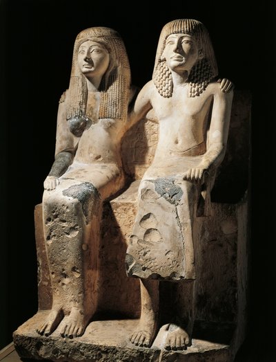 Grupa posągów reprezentująca pisarza Penduę i jego żonę Nefertari (wapień) odnalazła Deir el-Medina w Egipcie autorstwa Egyptian 19th Dynasty