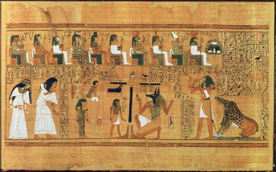 Ważenie serca z piórem prawdy, z Księgi umarłych pisarza Any, ok. 1250 pne (malowany papirus) autorstwa Egyptian 19th Dynasty